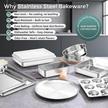 E-far 12-Piece Stainless Steel Bakeware Set - Multi-Functional Pans with Lids for Cakes, Muffins & Pizza