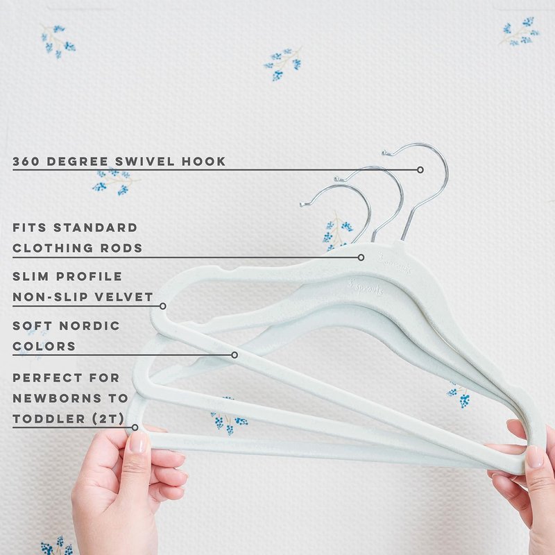 3 Sprouts Velvet Baby Hangers - Non-Slip Hangers for Infant and Toddler Clothes - Slim Space-Saving Design with Nordic Colors for Nursery - 30 Pack - Blue