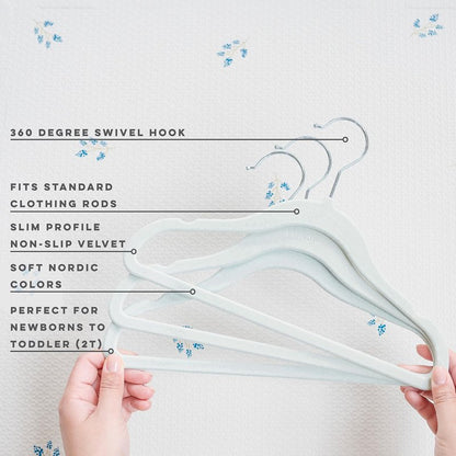 3 Sprouts Velvet Baby Hangers - Non-Slip Hangers for Infant and Toddler Clothes - Slim Space-Saving Design with Nordic Colors for Nursery - 30 Pack - Blue
