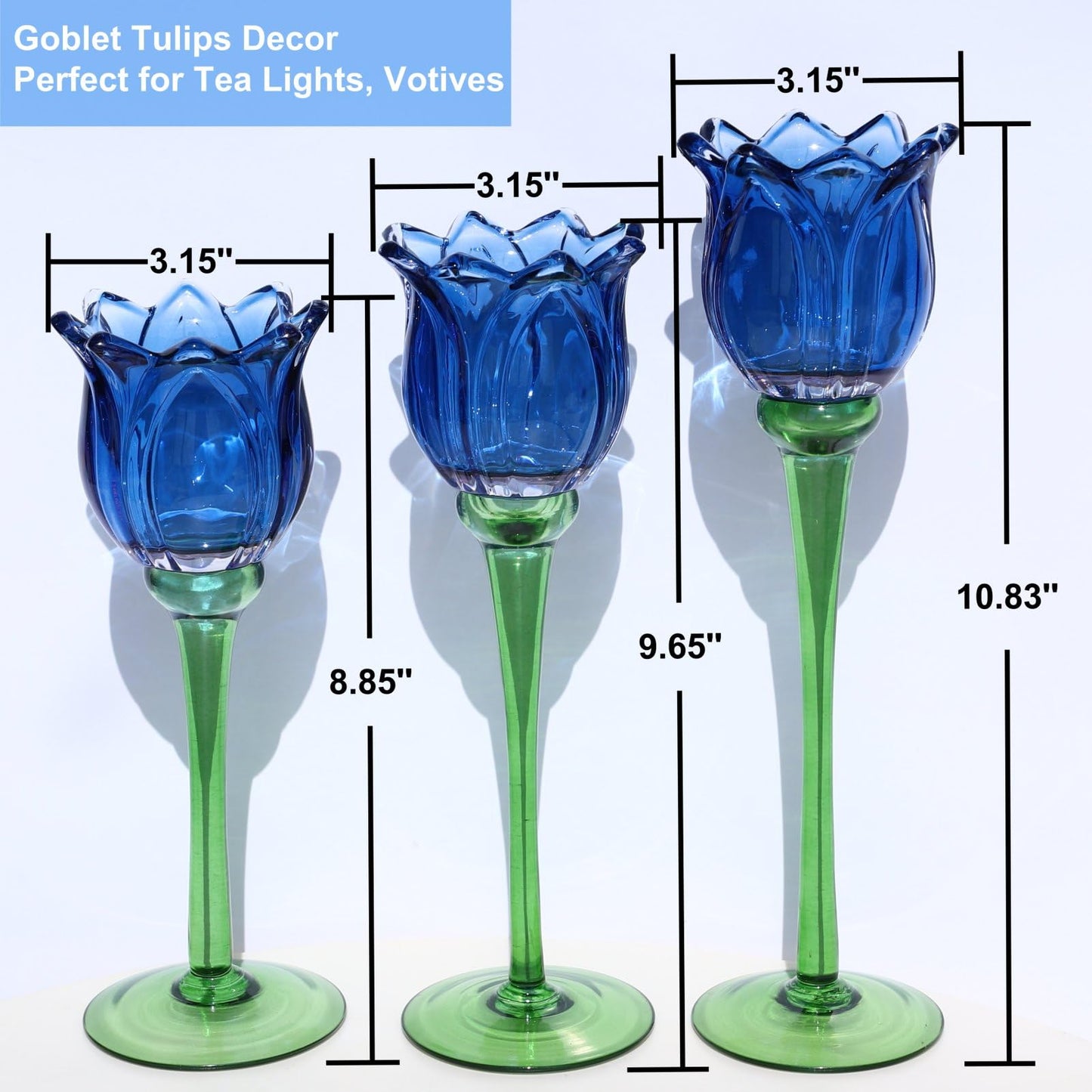VOHO Blue Flower Tealight Candle Holder Set of 3 with Different Heights, Lovely Tulips Tea Light Candle Holder Glass Table Centerpieces for Dining Room Bookcase, Blue Votive Candle Holders Home Decor