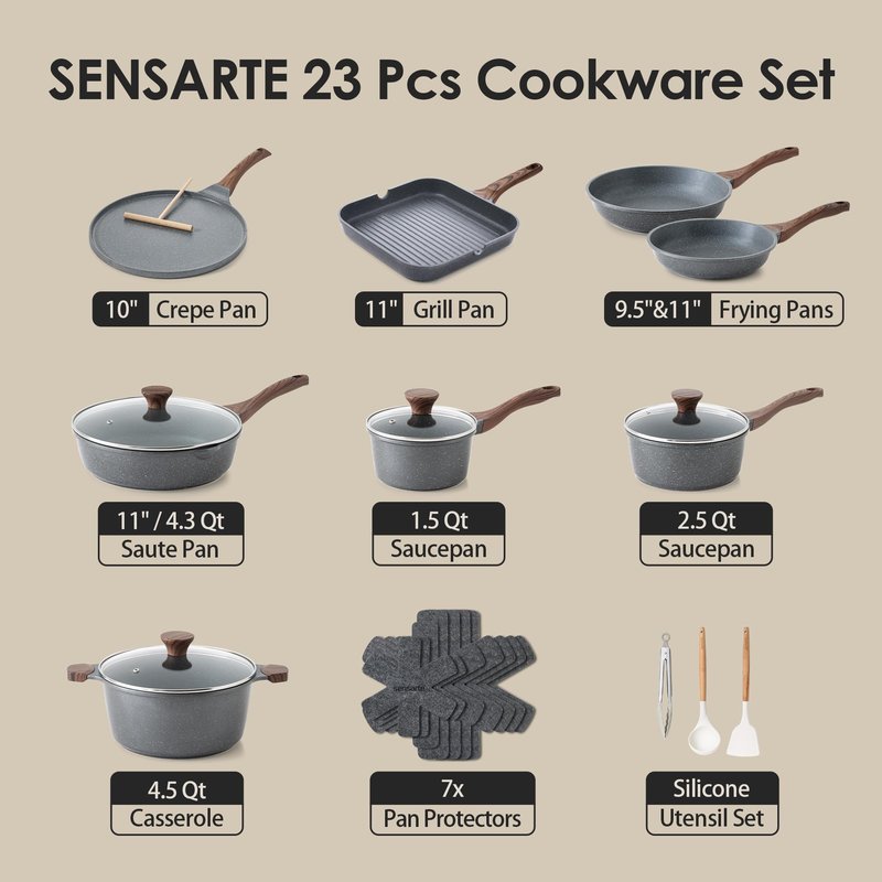 SENSARTE Nonstick Granite Cookware Set, 23 PCS Pots and Pans Non Toxic, PFOA & PFOS Free, Healthy Non Stick Granite Stone Coating Kitchen Cooking Set with Stay-Cool Handles, Gray