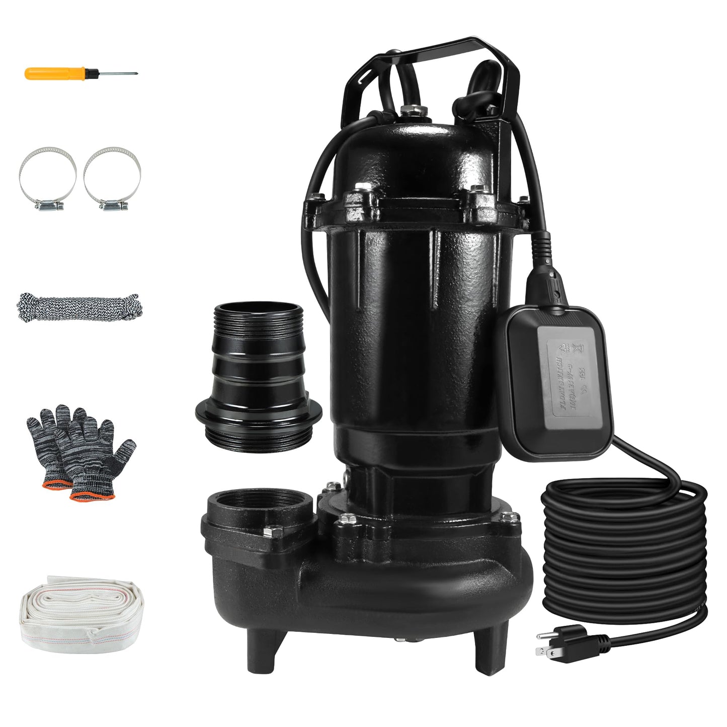 Sump Pump Submersible, Sewage Grinder Pump 110V 6400GPH 40Ft Max Head, Cast Iron Effluent Pump with Auto Float Switch 2'' NPT for Basement Basin Sewage Well Pond Swimming Pool, 32Ft Power Cord