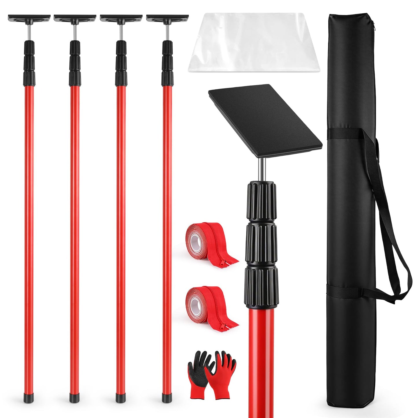 10FT Dust Barrier Poles Kit, 4 Pack Spring Retractable Zip Poles, with Heavy Duty Plastic Sheeting (32.8x13.1FT), 2 Zippers & Gloves, for Dust Barrier System, Renovation, Painting, Construction