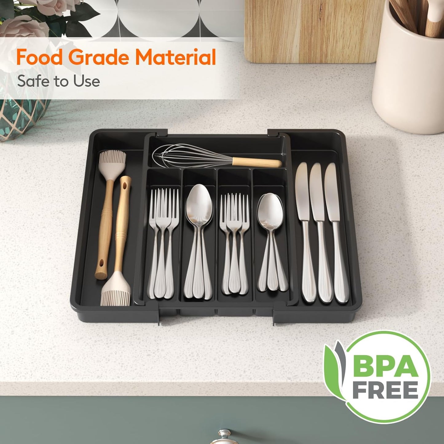 Lifewit Drawer Organizer Set - Expandable Plastic Storage for Silverware & Cooking Utensils | BPA-Free, Black