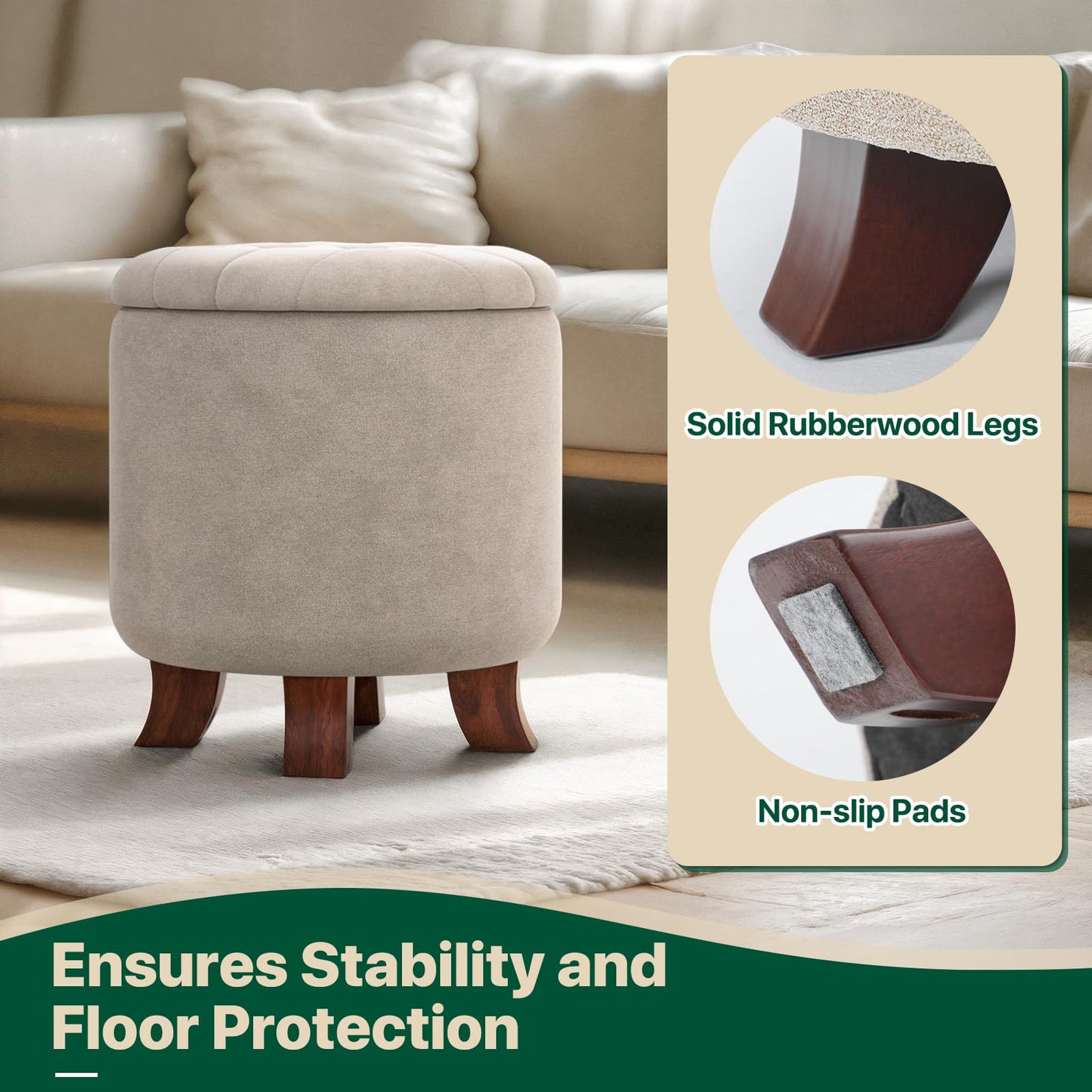 MoNiBloom Round Ottoman with Storage, Small Foot Rest Stool with Legs, 15.5 Dia. x 17 H Inches Upholstered Ottoman with Storage for Living Room, Bedroom, Beige