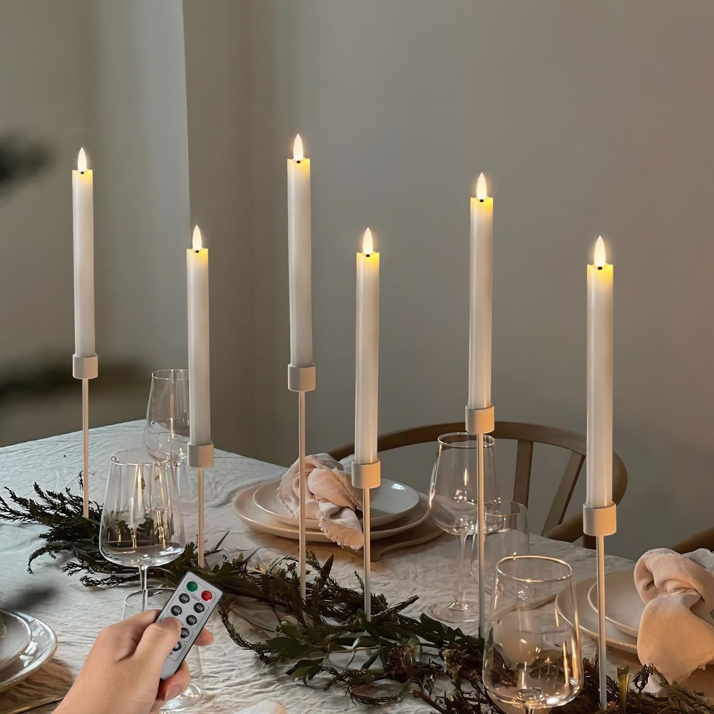 Homemory Waxy Flameless Taper Candles with Remote Timer Dimmer, Battery Operated Candlesticks Flickering, LED Window Candles Realistic, 9.6 Inches for Christmas Wedding Indoor Decor, White, 6 Pcs