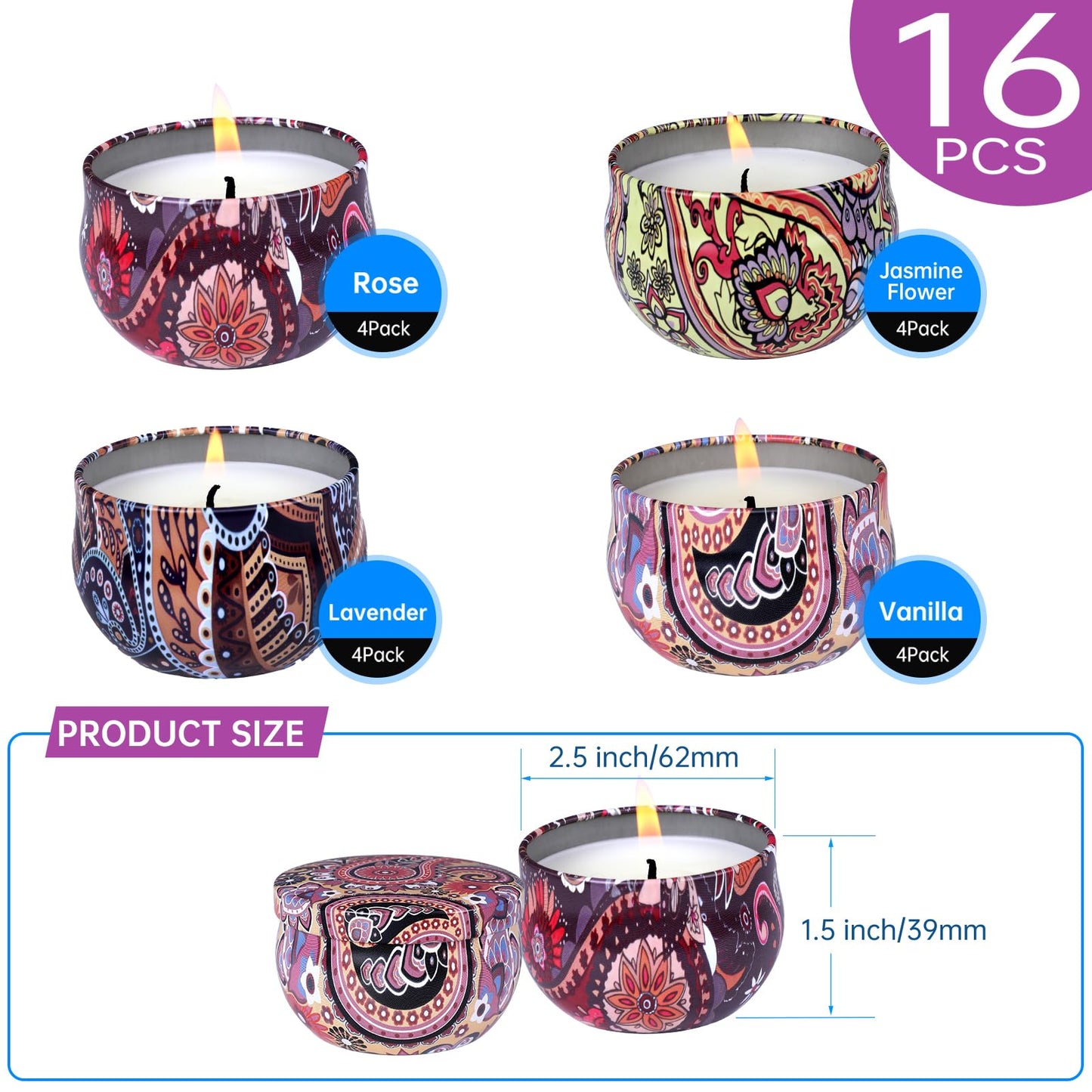 KNOURT 16 Pack Scented Candles Gift Set, Natural Soy Wax Travel Tin Candles for Home Scented, Ideal for Christmas, Birthday, Thanksgiving, Valentines Day Gifts