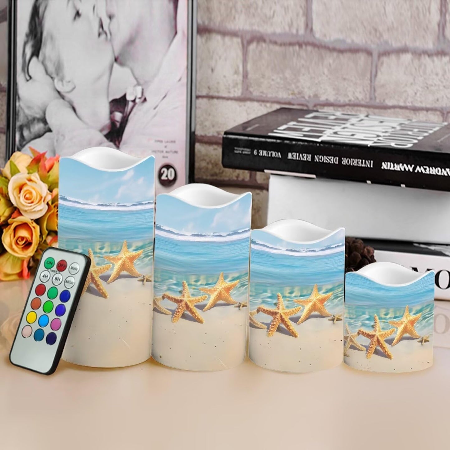 Cozeyat Starfish LED Pillar Candles 4 Pack Color Changing Battery Operated Flameless with Remote Control Timer for Wedding Birthday Home Garden