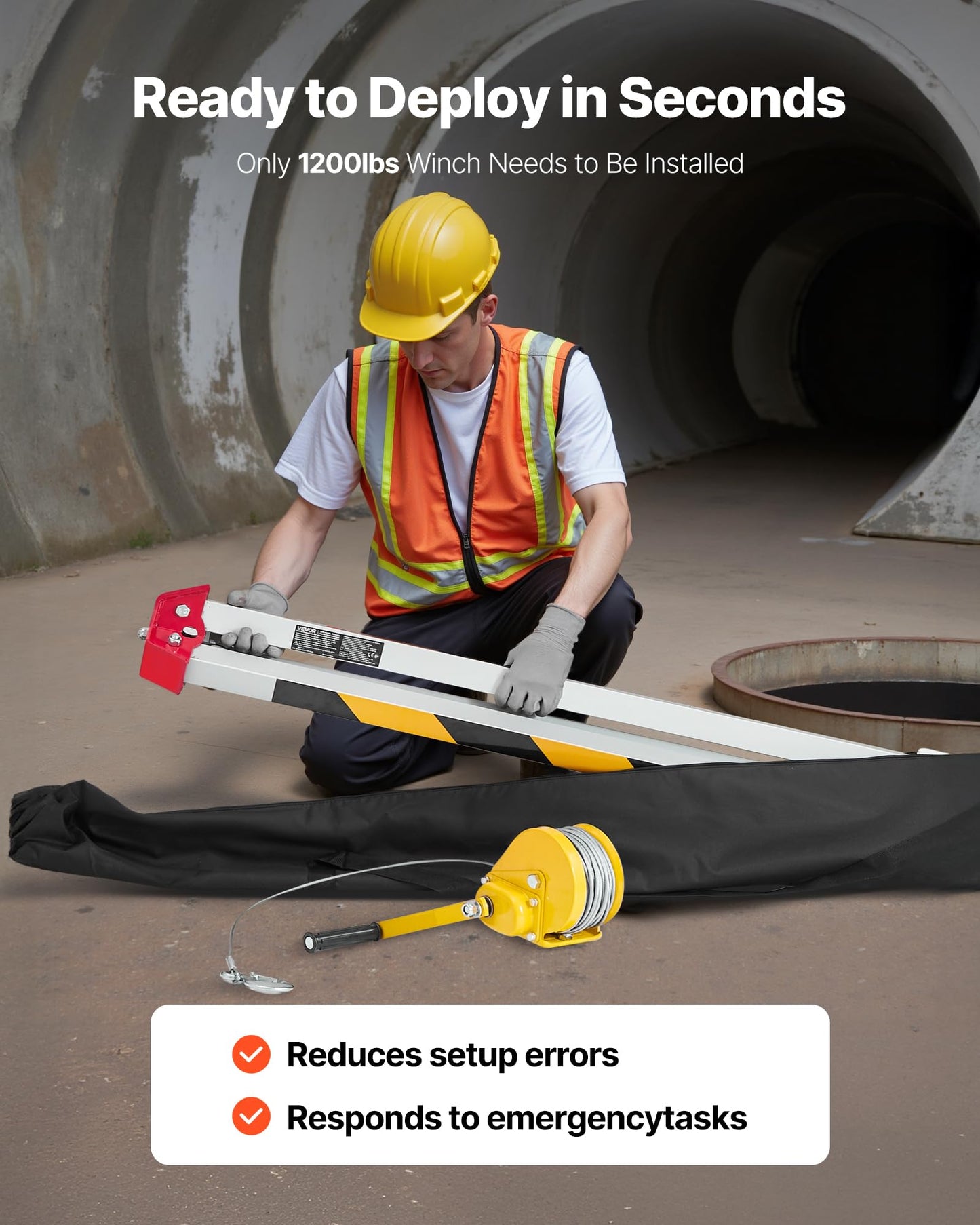VEVOR Confined Space Tripod Kit, Heavy Duty Rescue Tripod Lifting Hoist 1200 lbs Winch, 4.1 ft Adjustable Legs, 65 ft Cable Portable Kit, 32.8 ft Fall Protection, 4.40-7.05 ft Working Height