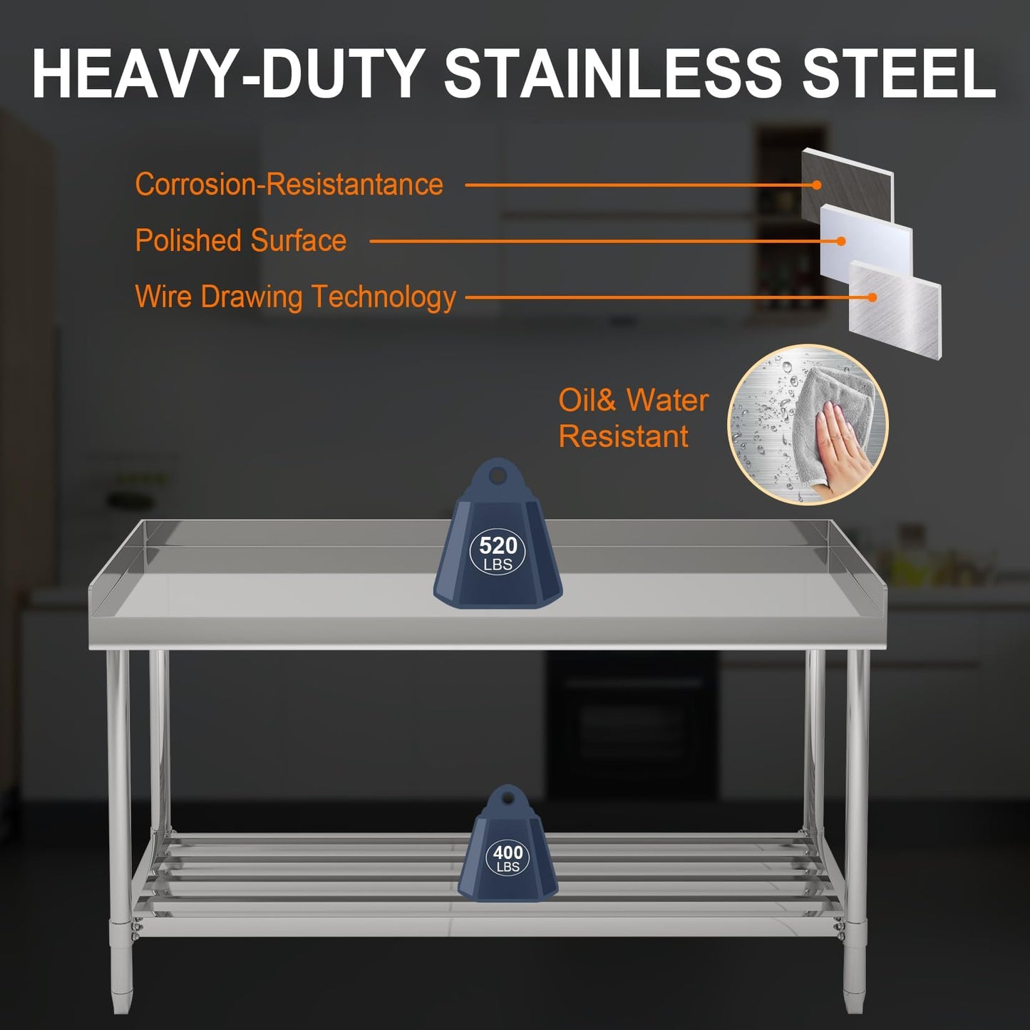 Garvee 48x24 in NSF Stainless Steel Table with Backsplash – Commercial Kitchen Prep Table for Restaurant, Home & Hotel, Heavy-Duty Workstation with Adjustable Undershelf & Splash Guard
