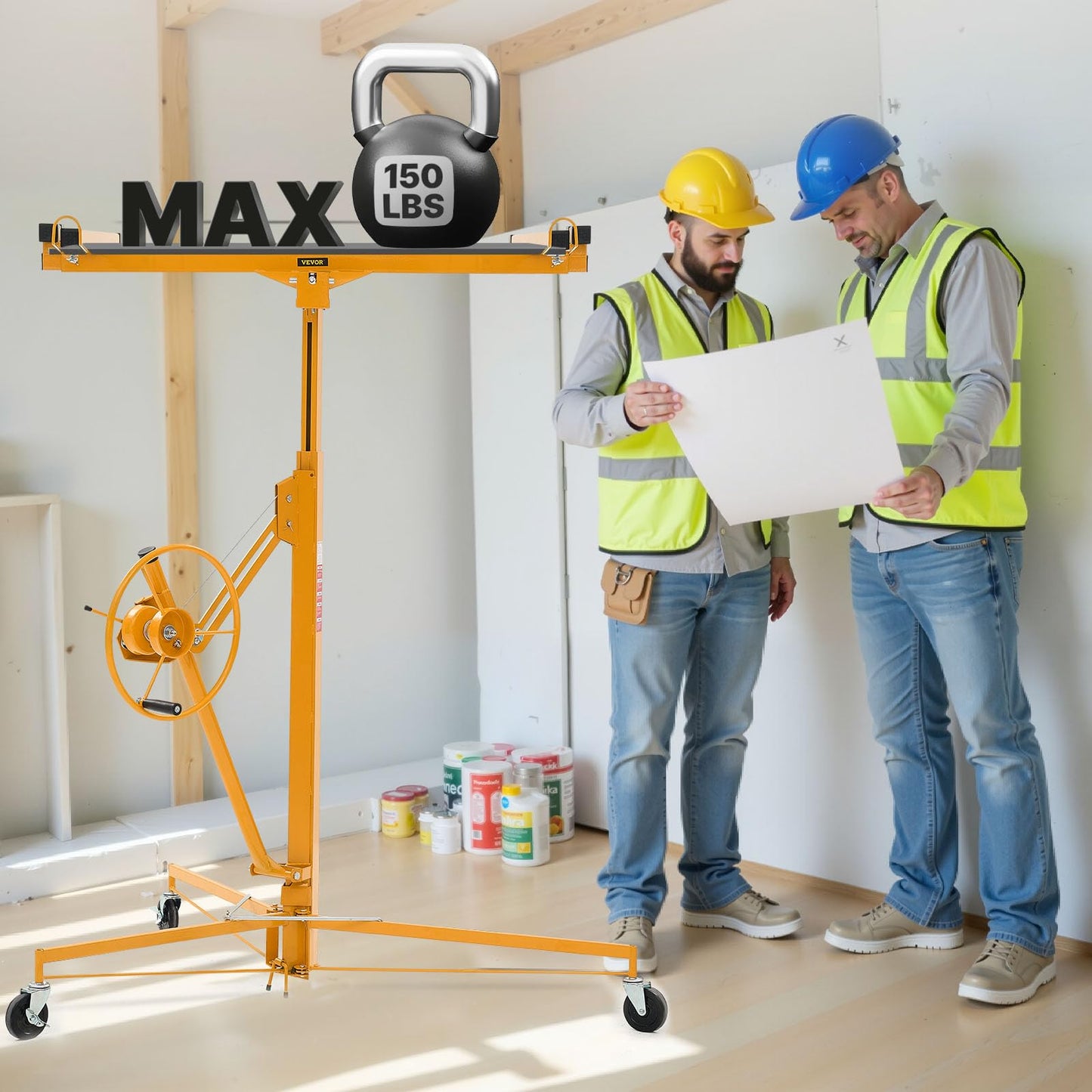VEVOR 11ft Drywall Lift, Heavy-Duty 150 lbs Sheetrock Hoist with Adjustable Telescoping Arm, Lockable Wheels, Drywall Lifter Panel Jack Hoist Tools Ideal for Ceiling & Wall Installation (Yellow)