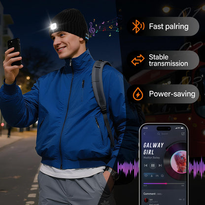 AHASTI 2 Pack Bluetooth Beanie Hat with Light for Men, Rechargeable LED Beanie with Light, Headlamp Cap Wireless Headphones, Christmas Gifts for Teens Stocking Stuffers for Men Dad（Black&Gray）
