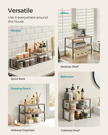 SONGMICS Cabinet Organizer Shelf, Set of 4 Kitchen Counter Shelves, Kitchen Storage, Spice Rack, Stackable, Expandable, Metal and Engineered Wood, Cloud White and Natural Beige UKCS010N01