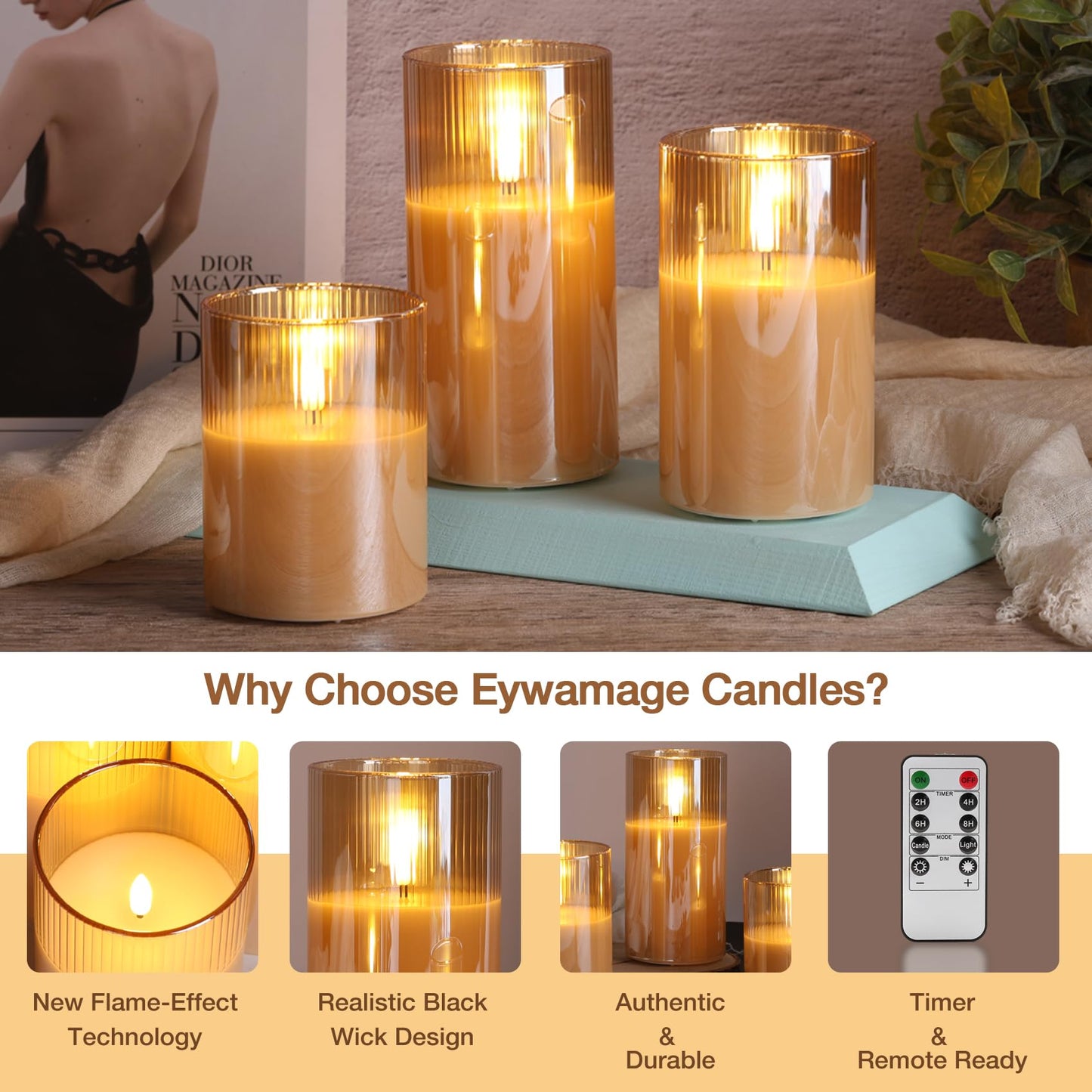 Eywamage Gold Ribbed Glass Flameless Pillar Candles with Remote, Flickering LED Wax Candles Battery Operated Set of 3