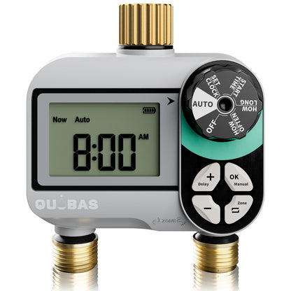 QUOBAS 2 Zone Sprinkler Timer with Brass Inlet & Outlet, Programmable Water Timer for Garden Hose with Rain Delay/Manual Watering/Automatic Irrigation Controller System for Yard, Lawn