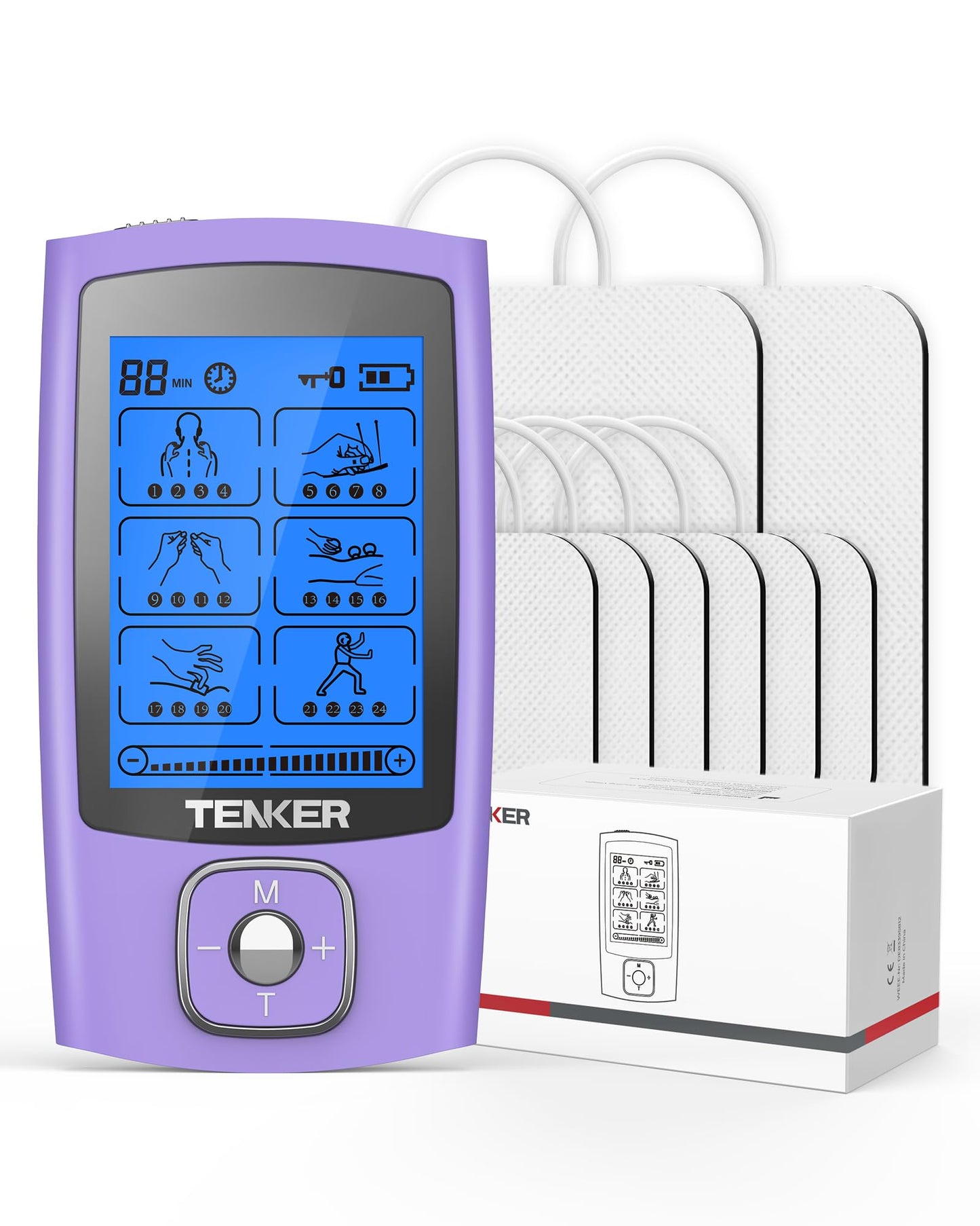 TENKER TENS Unit Muscle Stimulator, 24 Modes TENS EMS Machine for Pain Relief Therapy/Pain Management, Rechargeable Electronic Pulse Massager with 2"x2" and 2"x4" TENS Unit Electrode Pads