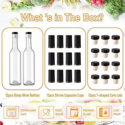 AuroTrends 12 oz Wine Bottles 12Pack with Cork Lids & Shrink Capsules - Durable 375ml Glass Bottles with Lids for Home Brewing, Sparkling Beverages, Fermentation, and Crafting