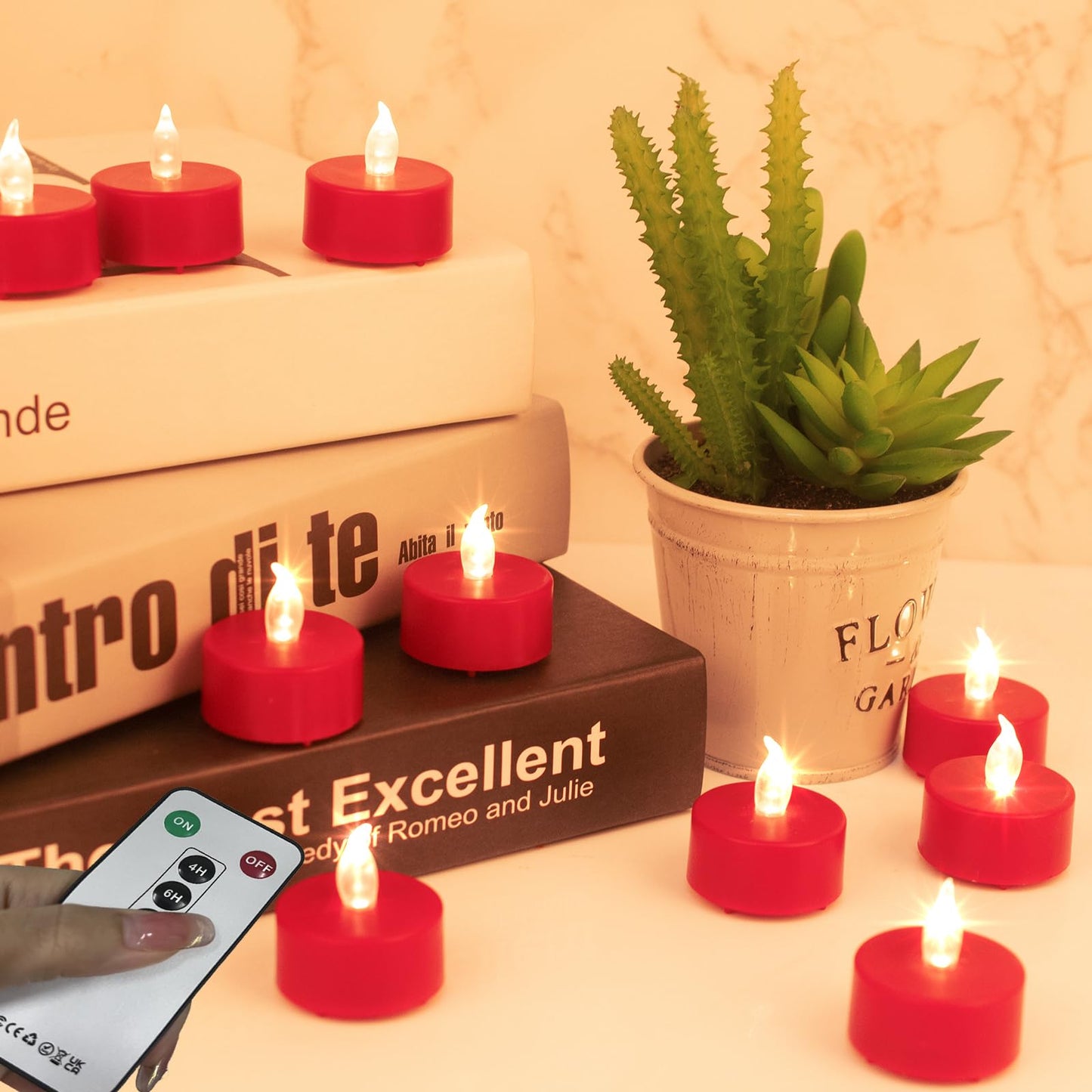 Roomsily LED Tea Lights with Remote Control: Battery Operated Bulk Realistic and Bright Flickering Long Lasting 400+Hours Flameless Candles for Home Decor Holiday Wedding Party (24Pack, Red)