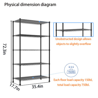 REGILLER 5-Wire Shelving Metal Storage Rack Adjustable Shelves,Standing Storage Shelf Units for Laundry Bathroom Kitchen Pantry Closet(Black,11.8" D x 16.6" W x 53.5" H)