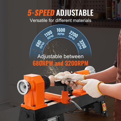 VEVOR Benchtop Wood Lathe, 10 in x 18 in, 0.5 HP 370W Power Wood Turning Lathe Machine, 5 Variable Speeds 780/1320/1920/2640/3840 RPM with Rod Injection Wrenches Faceplate Foot Pads, for Woodworking