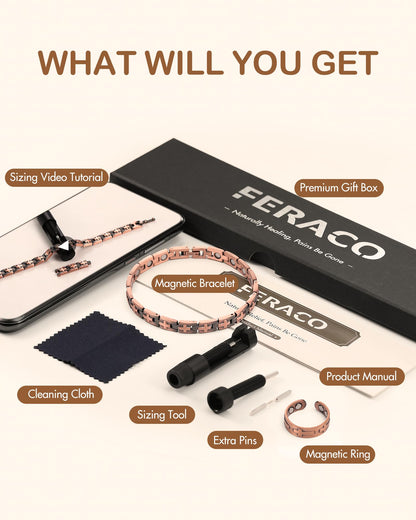 Feraco Solid Copper Bracelets & Rings for Women, Ultra Strength Magnetic Bracelet with 3500 Gauss Neodymium Magnets, Adjustable with Sizing Tool, Cross Jewelry