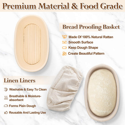 P&P CHEF Sourdough Bread Proofing Basket Set of 2, 10 Inch Oval Dough Proofing Bowls, Sourdough Bread Baking Supplies for Bakers, Handmade Rattan Baskets with Cloth Liner