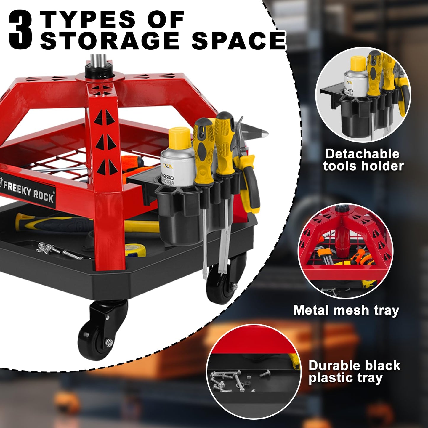 FREEKYROCK Rolling Shop Stool with Wheels, Heavy Duty Garage Work Mechanic Stool, Adjustable Height 22.44"-28.94", 360°Swivel Rolling Chair with Tool Tray Storage, 330 LBS Capacity, Red