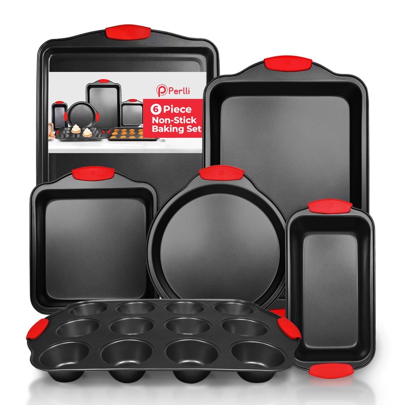PERLLI Non-Stick 6-Piece Baking Pan Set, BPA-Free Carbon Steel Bakeware Set with Silicone Handles, Stackable Kitchen Oven Set, Cookie Sheet, Baking Tray, Baking Sheet Set, Oven Safe (446°F)