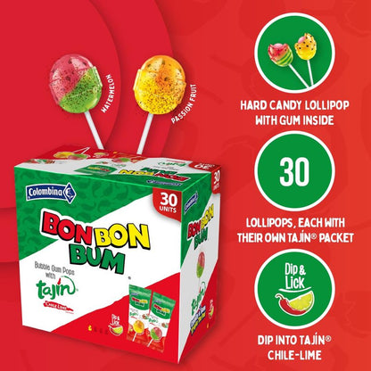 Colombina Bon Bon Bum Tajin Tropical Passion Fruit & Watermelon with Tajin Chile Lime Dip Dispenser, 30 Count (Pack of 1)
