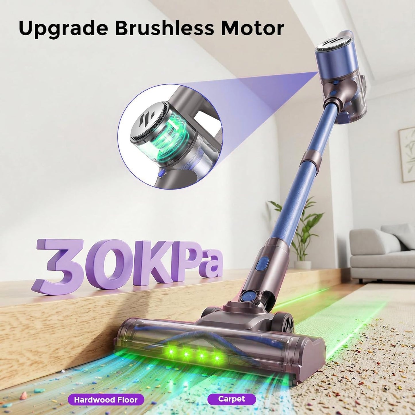 MBTTODF Cordless Vacuum Cleaner,Vacuum Cleaner for Home with Brushless Motor,Lightweight Stick Vacuum with Self-Standing and Touch Screen,Hardwood Floor Vacuum for Pet Hair,Carpets,Tile(Sky Blue)