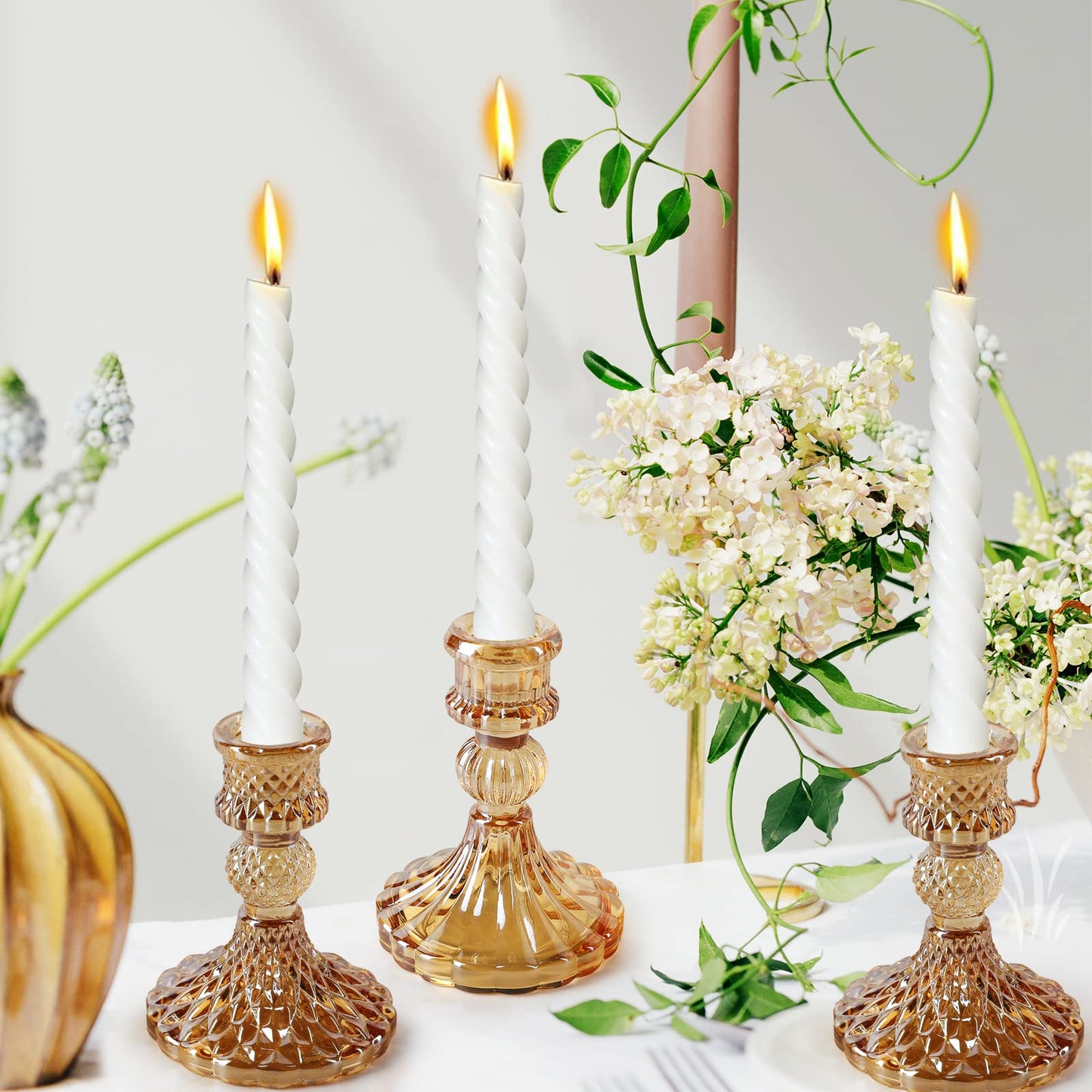 Brown Glass Candlestick Holders,8 pcs Set include Taper Candle Holders and Stripe Candle Holders,Two Style for Formal Events, Wedding, Festival,Church, Party & Festival Decoration