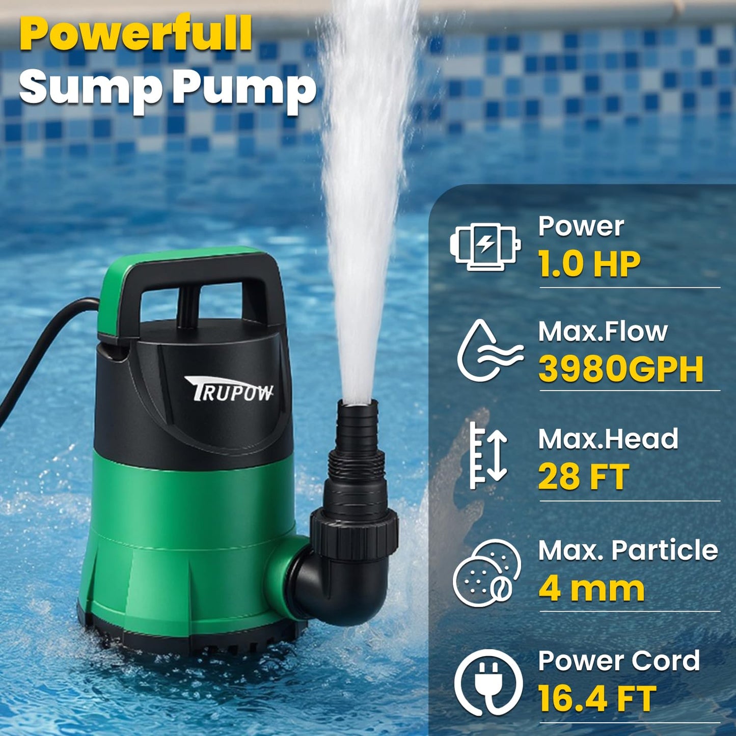 TRUPOW 1 HP Sump Pump Submersible Water Pump 3981 GPH Portable Thermoplastic Electric Utility Pump for Swimming Pool Garden Basement Tub Pond Draining Remove Water Level Down to 0.3"