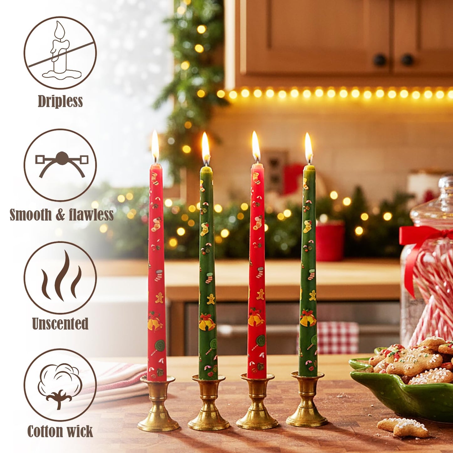 W&LESVAGO 10 Inch Christmas Print Taper Candles Set of 4, Hand-Printed Trees/Bell Patterns, Unscented Long Candlesticks for Dinner Tables & Festive Decorations