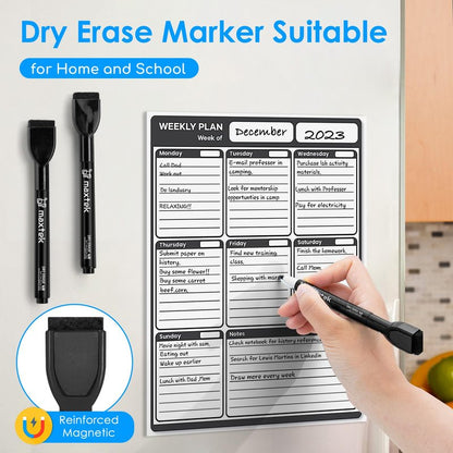 maxtek Magnetic Black Dry Erase Markers, 6 Count Fine Tip Whiteboard Markers with Eraser, Thin Markers Low Odor for Classroom, Office, Home