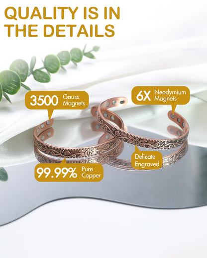 Feraco Copper Bracelet for Women, Ultra Strength Magnetic Bracelets, 99.99% Pure Copper Cuff Bangle with 3500 Gauss Neodymium Magnets, Adjustable, Vintage Flower Collection