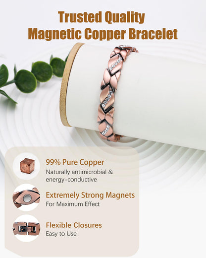 Jeracol Copper Bracelet & Ring for Women, 99.99% Pure Copper Magnetic Bracelet with 3500 Gauss, Adjustable Length Sizing Tool & Jewelry Box
