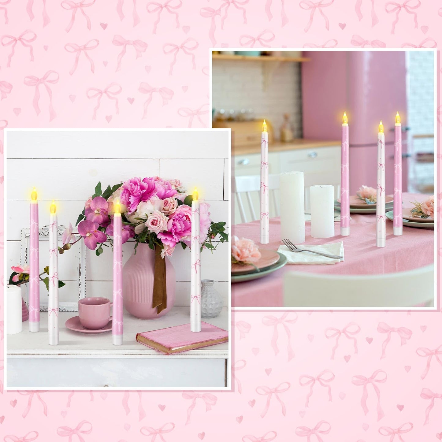 Conelist 6 Pcs Pink Bow Flameless Taper Candles 10.6 Inch Coquette LED Battery Operated Candles for Birthday Bridal Wedding Dinner Room Decor