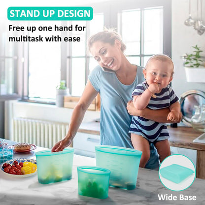 Annaklin Reusable Food Bags, 12 Pack 100% Silicone Food Storage Bags Stand Up Zip Lock Container, Freezer Microwave Oven Dishwasher Safe, 4 Medium 4 Small 4 Extra Small, Aqua