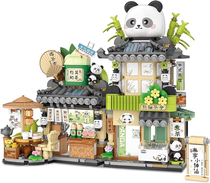 Street View Tea Shop Mini Building Blocks MOC Creative Building Toys Cute Panda Animals Building Set for Girls 6-12 Simulation Architecture Construction Toy Gift Idea for Kids Adults (860PCS)