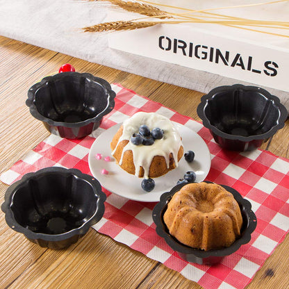 Webake Mini Cake Pan Nonstick Fluted Cake Pan 4 Inch Carbon Steel Baking Cup Mold for Buntcake, Bavarois, Brownie, Cupcake, Pudding Canele, Pack of 4