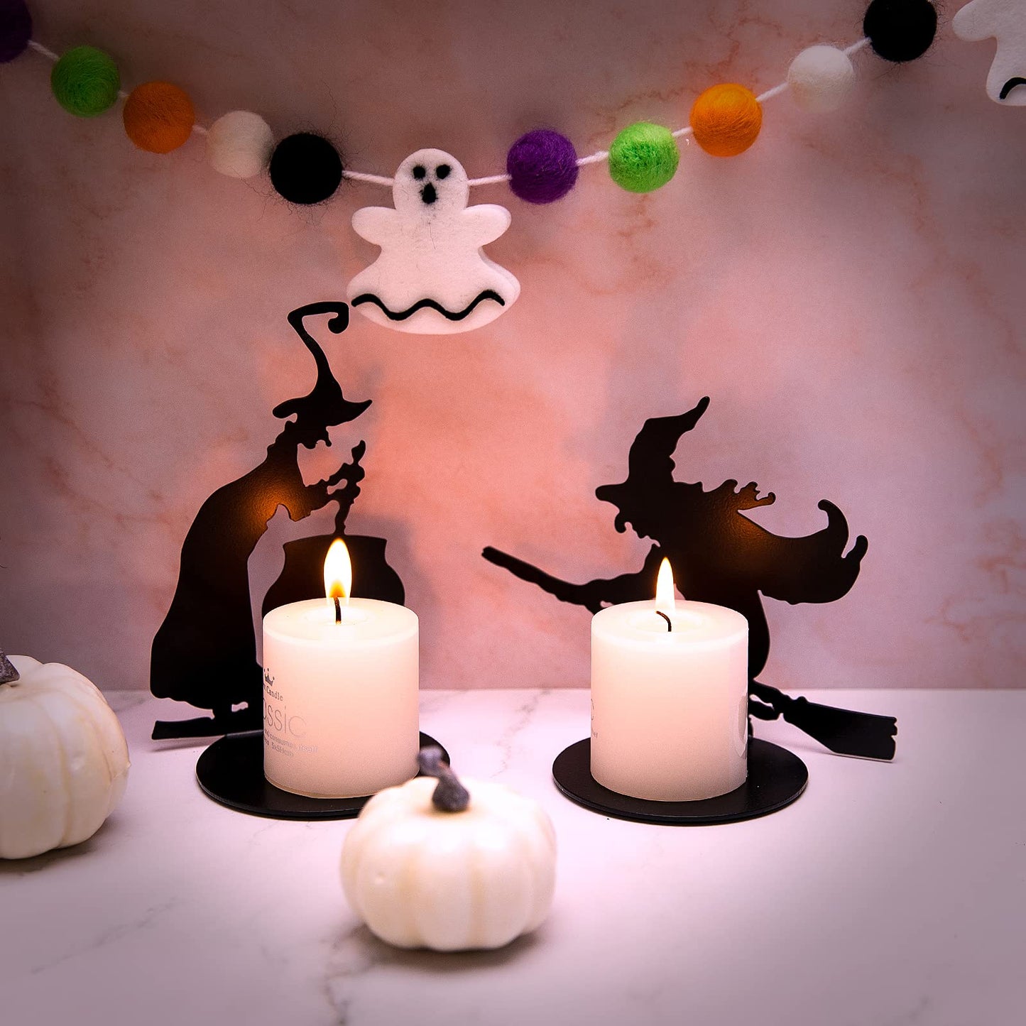 2 Set Halloween Candle Holder Spooky Witch with Cauldron Broom Black Candlestick Pedestal All Hallows Eve Table Centerpiece Table Decor