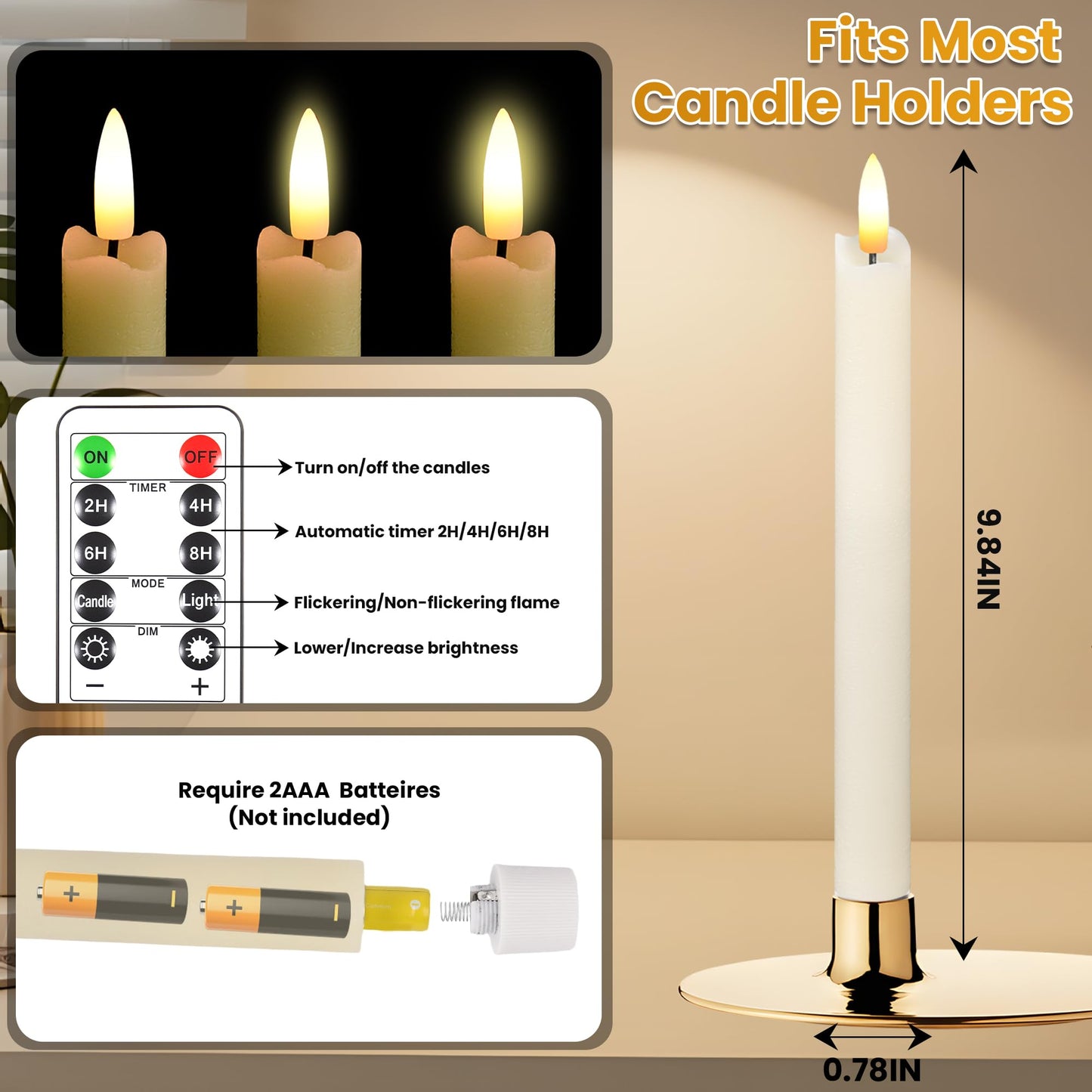 Upgraded 6 Pack Realistic Wax Flameless Taper Candles With Remote & Timer, 9.8 Inches Ivory Fake Candlesticks Battery Operated 3d Flickering, Functionality Led Candles For Indoor Home Decor