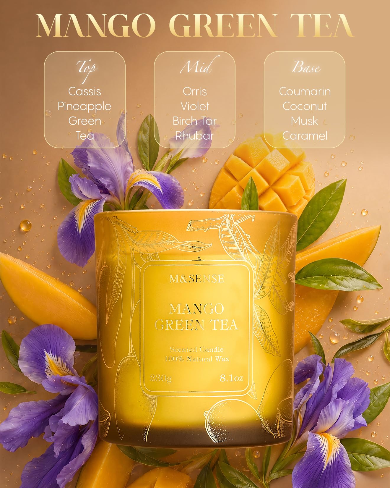 M&SENSE Mango Green Tea Soy Candle, 8.1oz 42H Slow Burning Non Toxic, Tropical Tea Aromatherapy, Summer Relaxation Gift