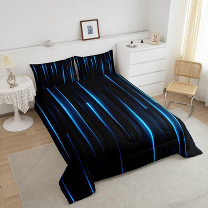 Feelyou Kids Blue Black Striped Comforter Set Twin Size Geometric Abstract Ombre Bedding Set for Boys Girls Teens Bedroom Modern Decor Comforter Women Men Quilt Set