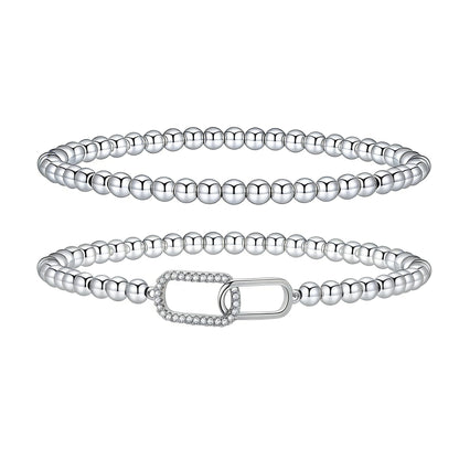 Silver Beaded Bracelets for Women 14K Silver Zirconia-square Bracelet Handmade Stackable Bracelets for Women Trendy Non Tarnish Bracelet Jewelry Gift for Womens 2Pcs (09.Zirconia-square+Beaded (Silver))