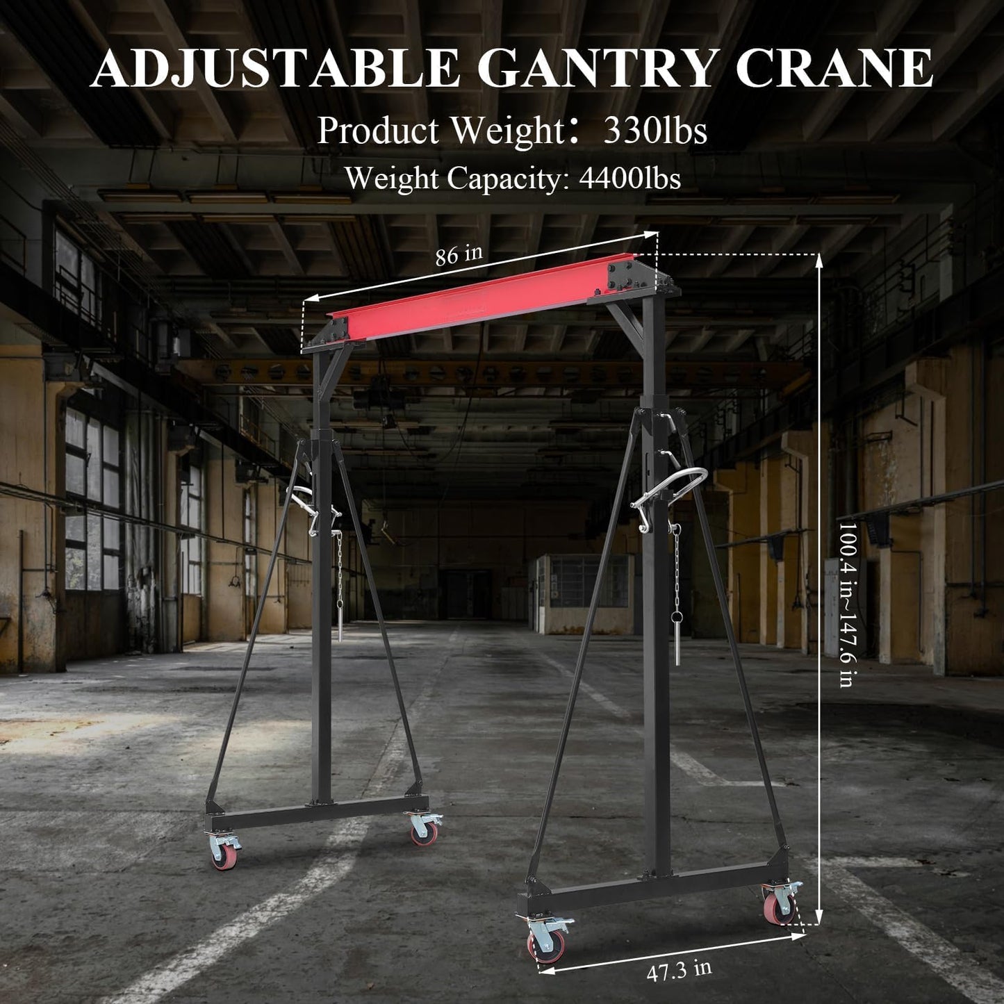 2 Ton Gantry Crane Compatible with Trolley, 4400 LBS Adjustable Height 8-12 FT Steel Shop Crane with Locking Casters, Heavy Duty Shop Lift Hoist for Workshop, Garage, Warehouse