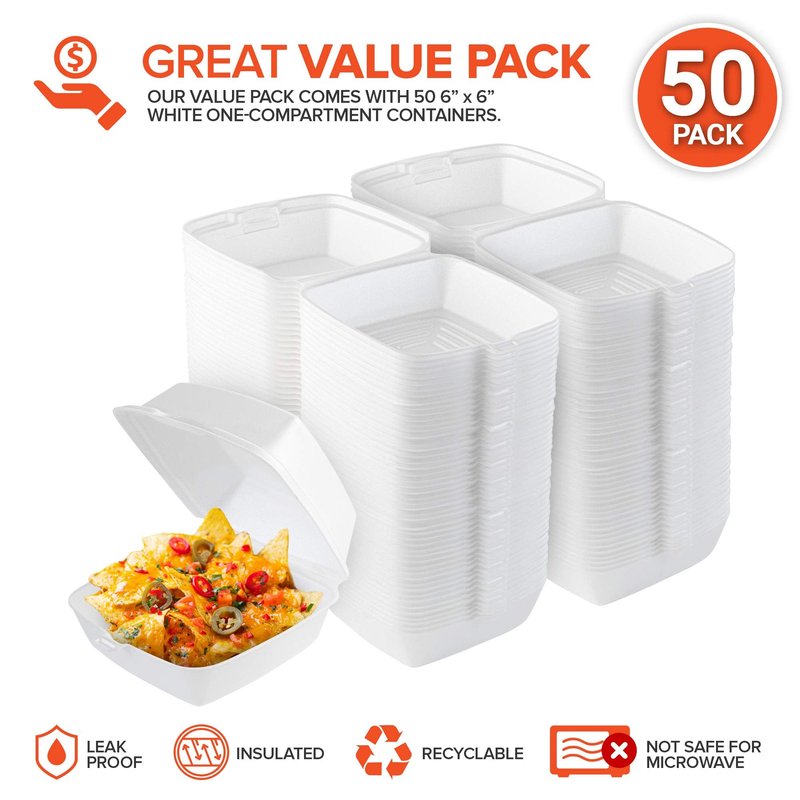 Stock Your Home 6x6 Clamshell Take Out Boxes (50 Pack) Small 1-Compartment Foam Food Containers Disposable Lunch Container, Restaurant Togo Trays with Hinged Lids for Takeout, Carryout, and Meal-Prep