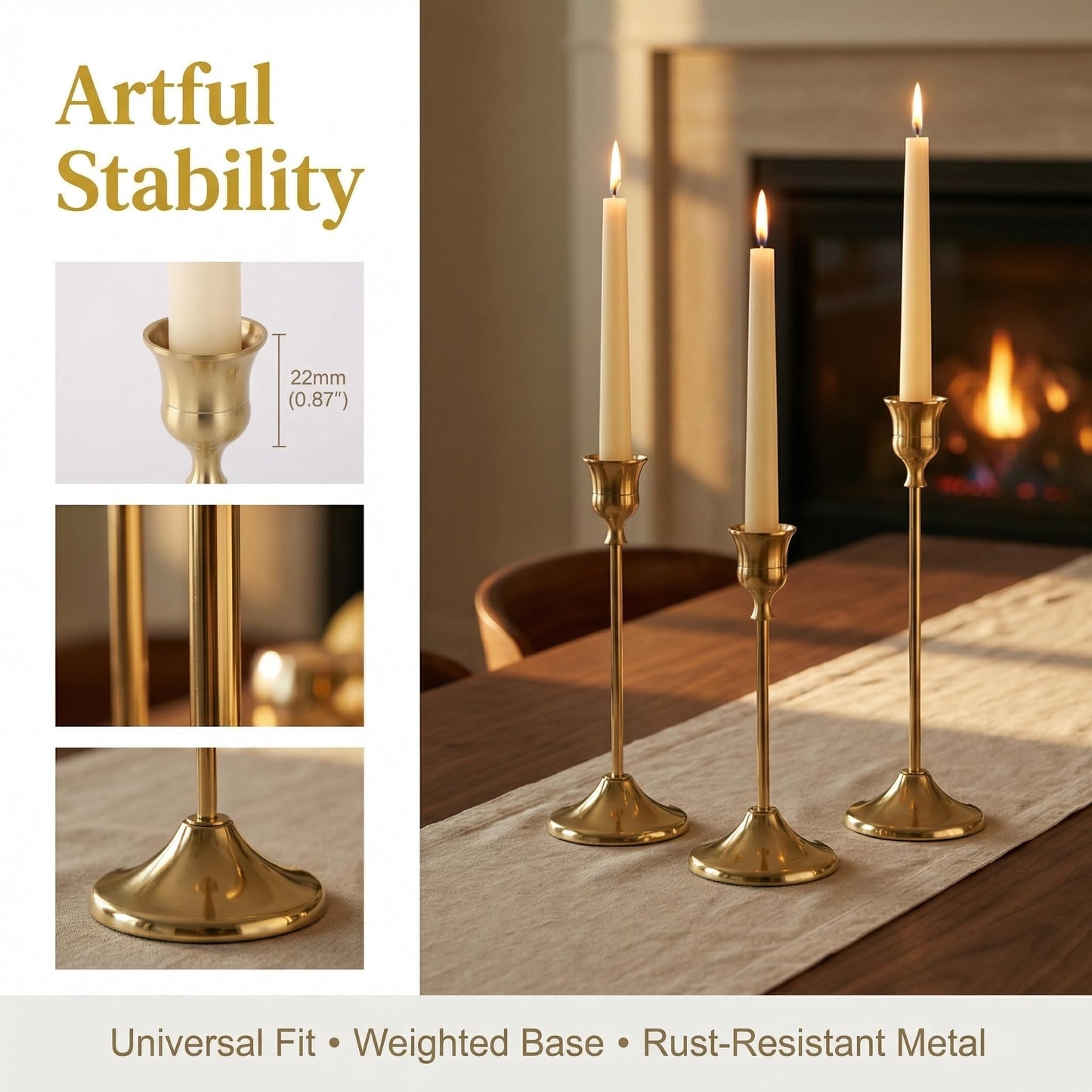 2 Sets(6 Pcs) Brass Tapered Candle Holder,Candlestick Tall Metal Candlestick Holders for Table Centerpiece Home Decor for Wedding Fireplace Mantel Housewarming Gift Fits 3/4 Inch Thick Candles