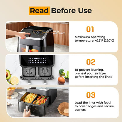 Vailnd Air Fryer Liners Disposable for Dual Basket, 100Pcs 8x5.5 Inch Rectangle Air Fryer Paper Liner for Ninja DZ201 DZ401, Chefman/COSORI 2-Basket, Oil Proof Parchment Paper