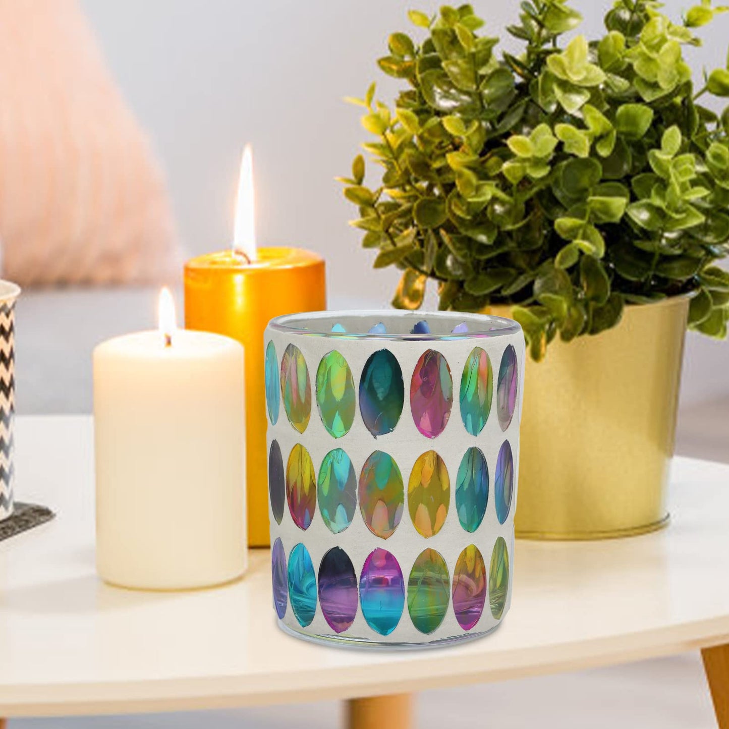 Glass Candle Holders, Mosaic Tea Light Holder Colorful Glass Vivid Luster Tealight Votive Holder Cup Vivid Luster Pen Holder for Bedroom, Office, Cafe, Restaurant, and Bar